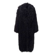 Evelyn Mongolian Fur Trench Coat in black, featuring luxurious lamb fur texture and classic trench silhouette.