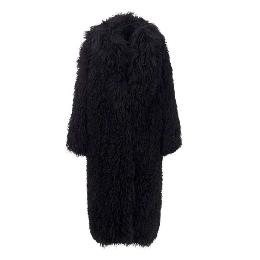 Evelyn Mongolian Fur Trench Coat in black, featuring luxurious lamb fur texture and classic trench silhouette.