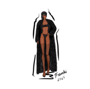Fashion illustration of a model in a black Mongolian fur trench coat with fishnet stockings and a chic look.